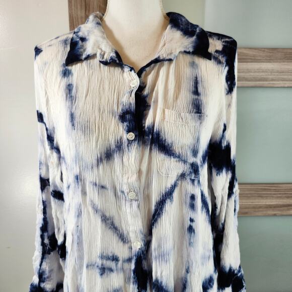 Green Dragon Women's Blue and White Tie Dye Longsleeve Button Up Top Size Large - Picture 2 of 9